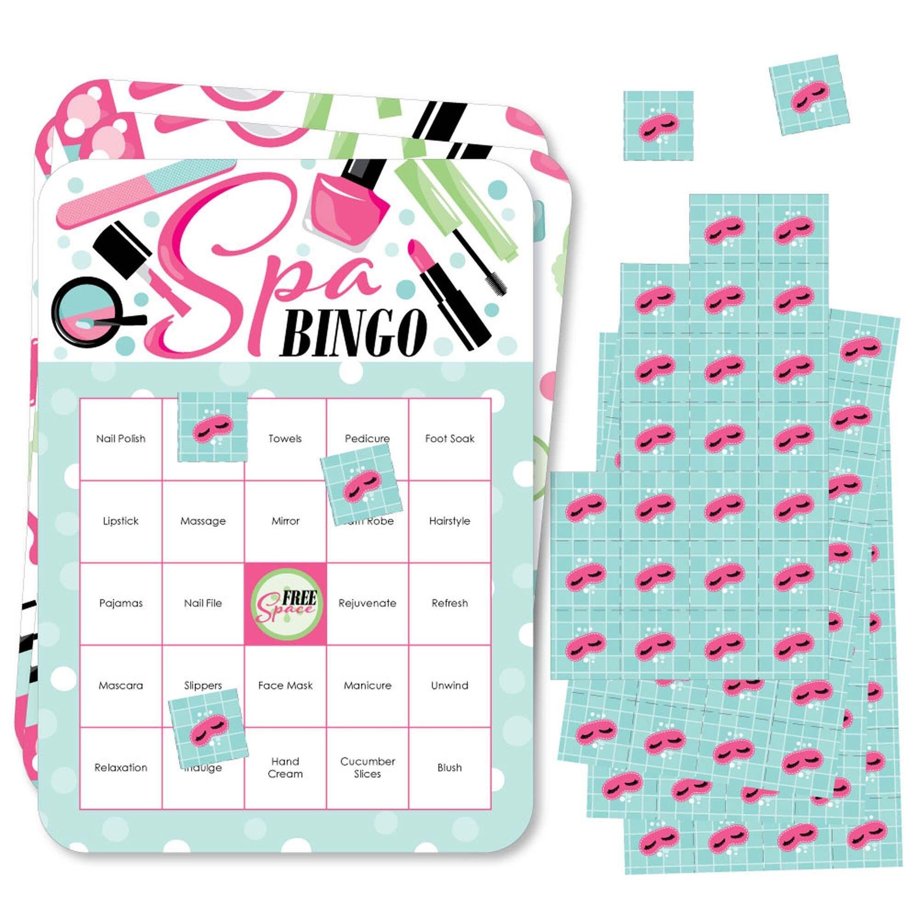 spa-day-bingo-cards-and-markers-girls-makeup-party-bingo-game-set-of-18-bigdotofhappiness-com-big-dot-of-happiness-llc for Downloadable Free Printable Spa Party Games Spa Day - Bingo Cards and Markers - Girls Makeup Party Bingo Game - Set of 18 | BigDotOfHappiness.com – Big Dot of Happiness LLC for Downloadable Free Printable Spa Party Games