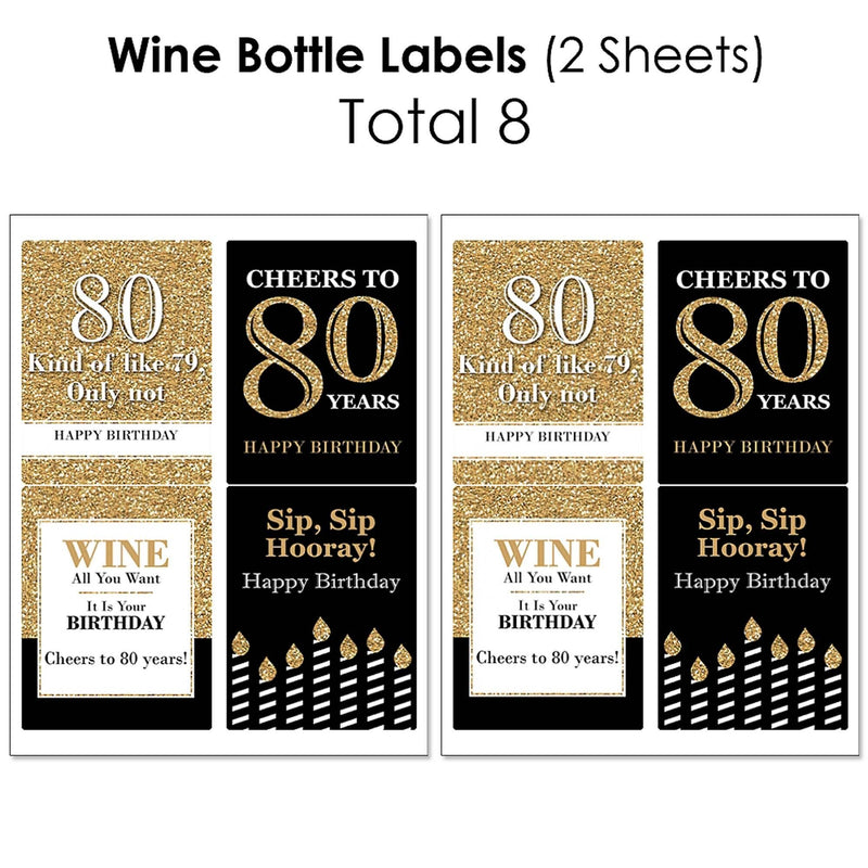 Adult 80th Birthday - Gold - Mini Wine Bottle Labels, Wine Bottle Labels and Water Bottle Labels - Birthday Party Decorations - Beverage Bar Kit - 34 Pieces