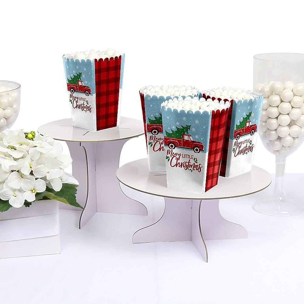 Merry Little Christmas Tree - Red Truck Christmas Party Favor Popcorn Treat Boxes - Set of 12