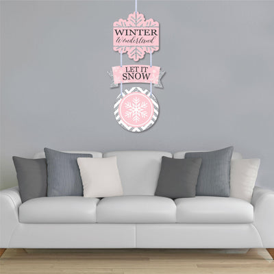 Pink Winter Wonderland - Hanging Porch Holiday Snowflake Birthday Party and Baby Shower Outdoor Decorations - Front Door Decor - 3 Piece Sign