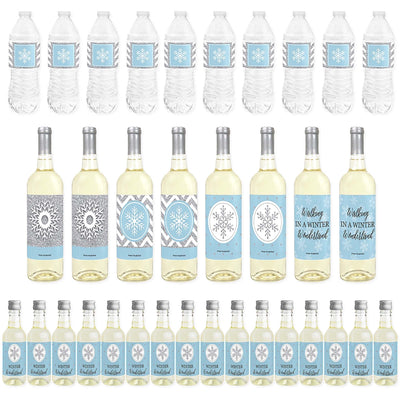 Winter Wonderland - Mini Wine Bottle Labels, Wine Bottle Labels and Water Bottle Labels - Snowflake Holiday Birthday Party and Baby Shower Decorations - Beverage Bar Kit - 34 Pieces
