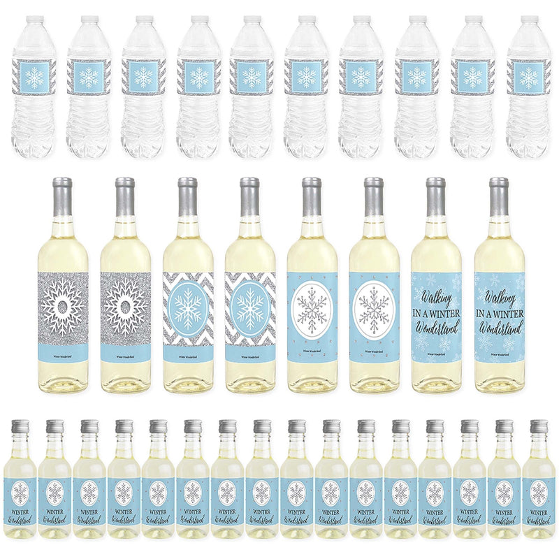 Winter Wonderland - Mini Wine Bottle Labels, Wine Bottle Labels and Water Bottle Labels - Snowflake Holiday Birthday Party and Baby Shower Decorations - Beverage Bar Kit - 34 Pieces