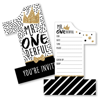 1st Birthday Little Mr. Onederful - Shaped Fill-In Invitations - Boy First Birthday Party Invitation Cards with Envelopes - Set of 12