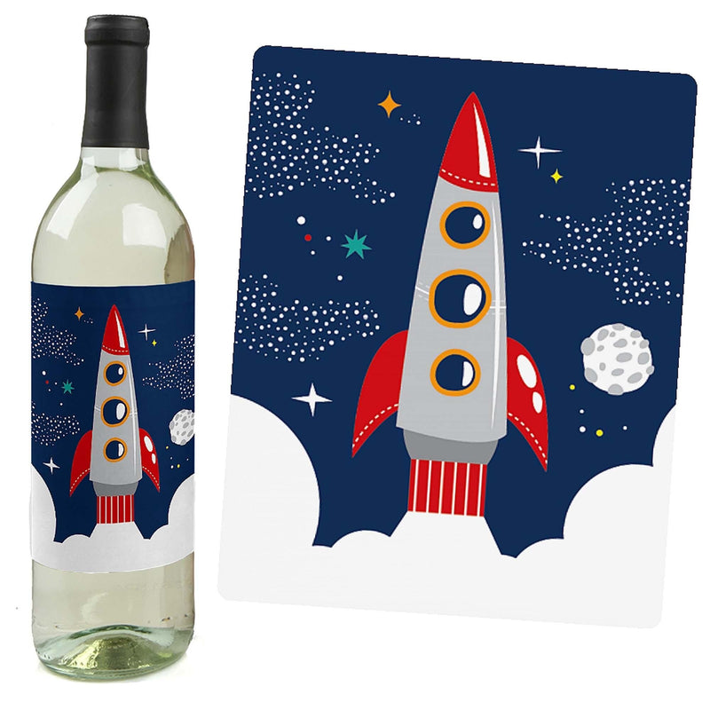 Blast Off to Outer Space - Rocket Ship Baby Shower or Birthday Party Decorations for Women and Men - Wine Bottle Label Stickers - Set of 4