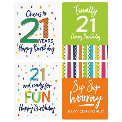 21st Birthday - Cheerful Happy Birthday - Decorations for Women and Men - Wine Bottle Label Colorful Twenty-First Birthday Party Gift - Set of 4