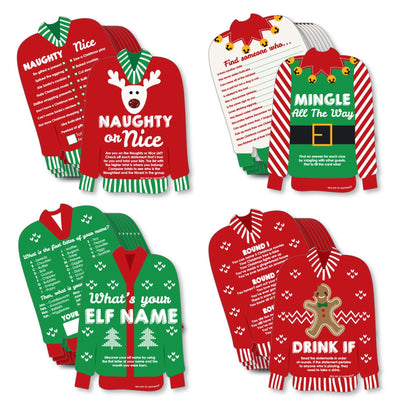 Ugly Sweater - 4 Holiday and Christmas Party Games - 10 Cards Each - Naughty or Nice, Drink If, Mingle All the Way, What's Your Elf Name - Gamerific Bundle
