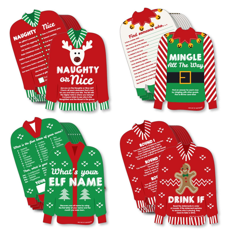 Ugly Sweater - 4 Holiday and Christmas Party Games - 10 Cards Each - Naughty or Nice, Drink If, Mingle All the Way, What&
