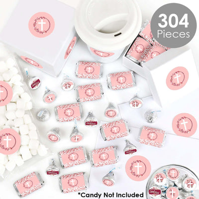 Pink Elegant Cross - Mini Candy Bar Wrappers, Round Candy Stickers and Circle Stickers - Girl Religious Party Candy Favor Sticker Kit - 304 Pieces