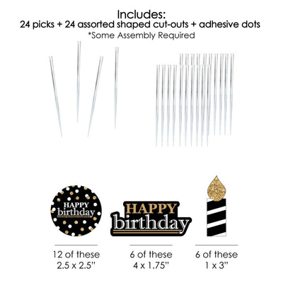 Adult Happy Birthday - Gold - Dessert Cupcake Toppers - Birthday Party Clear Treat Picks - Set of 24