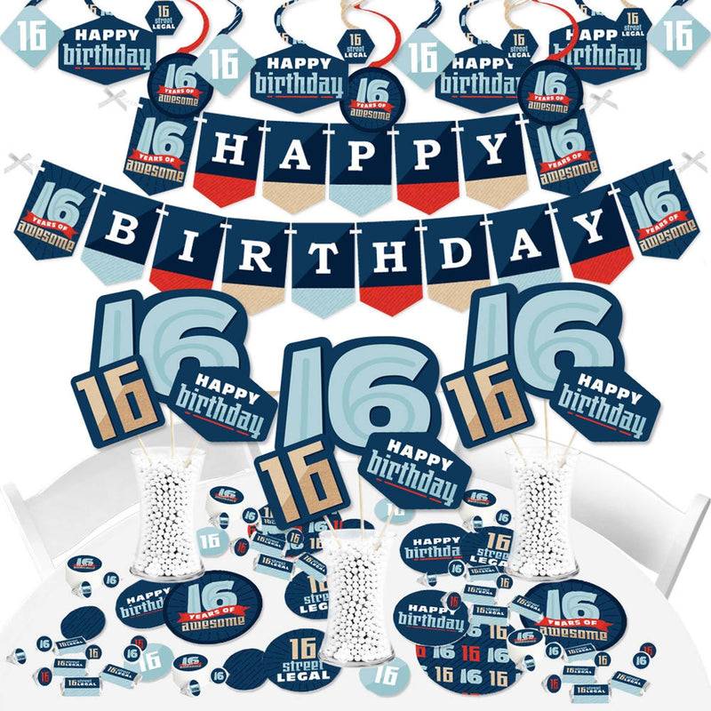 Boy 16th Birthday - Sweet Sixteen Birthday Party Supplies - Banner Decoration Kit - Fundle Bundle
