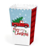 A set of Christmas-themed popcorn treat boxes with a red truck and Christmas tree design.