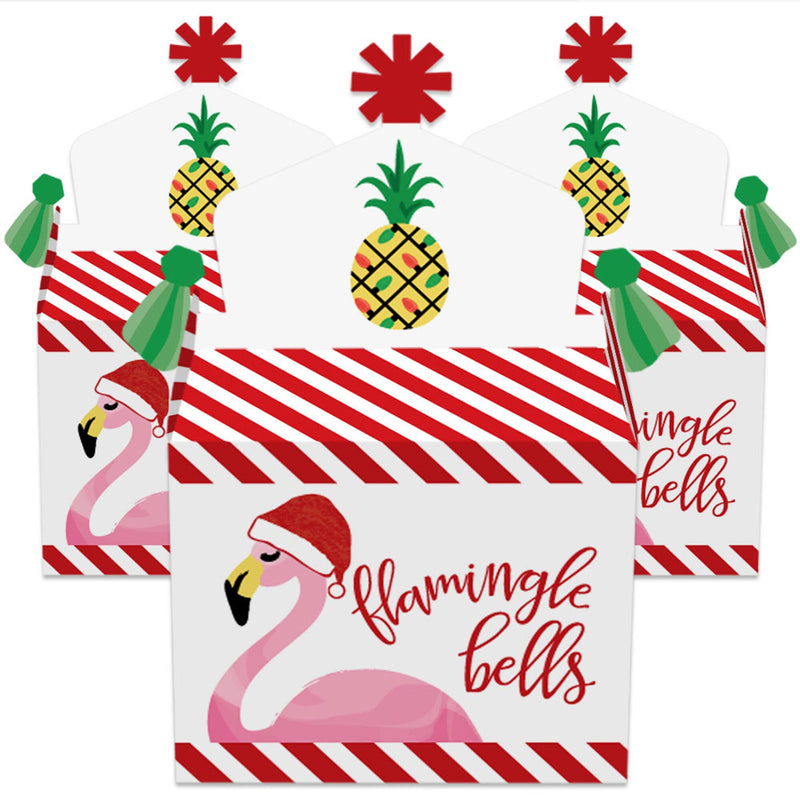 Flamingle Bells - Treat Box Party Favors - Tropical Christmas Party Goodie Gable Boxes - Set of 12