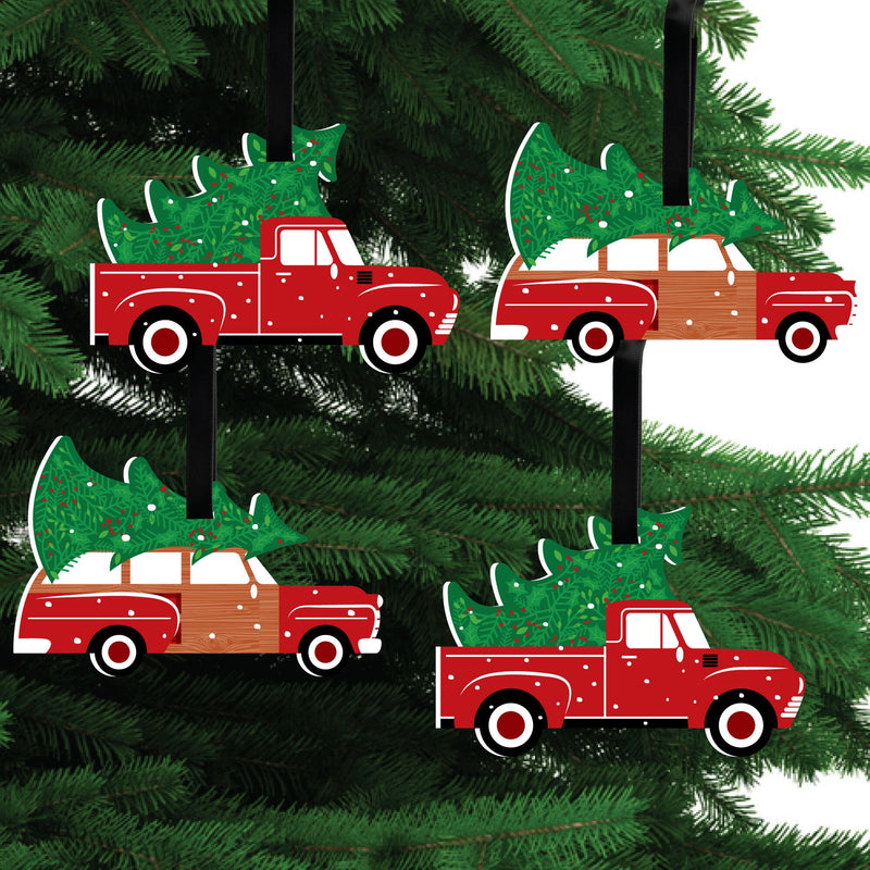Merry Little Christmas Tree - Red Truck and Car Christmas Party Decorations - Christmas Tree Ornaments - Set of 12