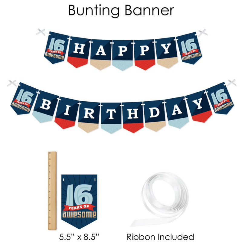 Boy 16th Birthday - Sweet Sixteen Birthday Party Supplies - Banner Decoration Kit - Fundle Bundle