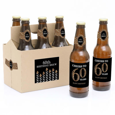 Adult 60th Birthday - Gold - Decorations for Women and Men - 6 Beer Bottle Labels and 1 Carrier - Birthday Gift