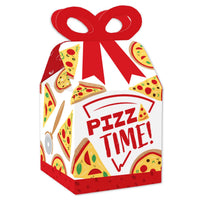 A square favor gift box with a pizza party design and the text 'PIZZA TIME!' on it, adorned with a red bow ribbon.