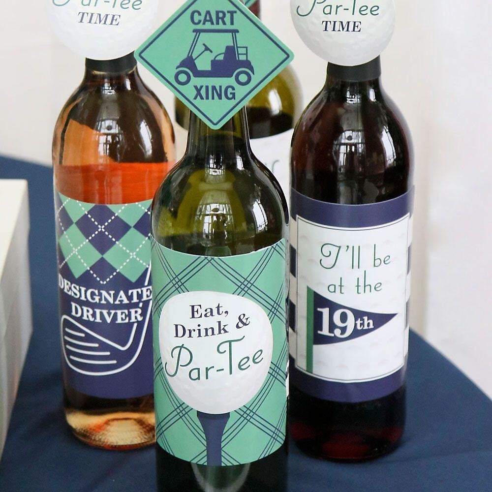 Par-Tee Time - Golf - Birthday or Retirement Party Decorations for Women and Men - Wine Bottle Label Stickers - Set of 4