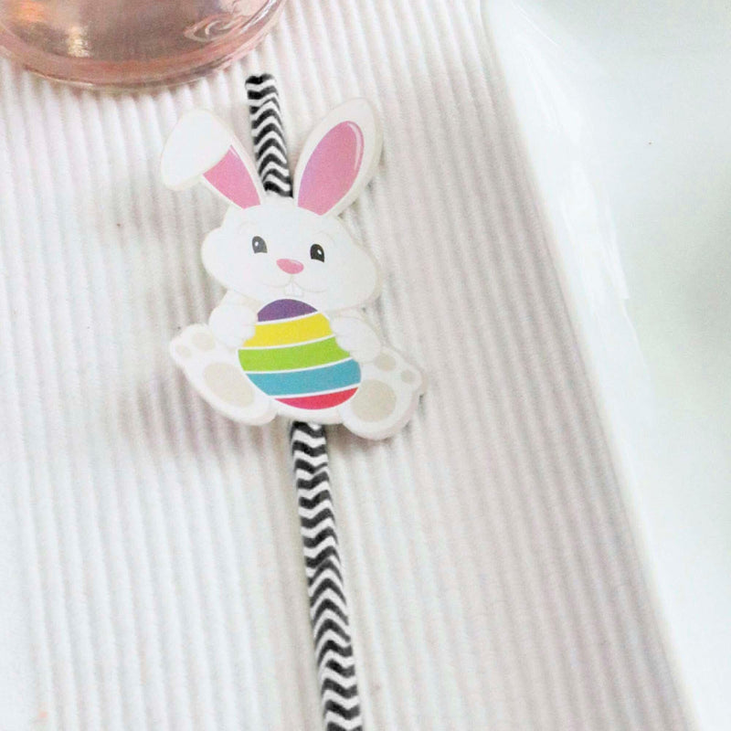 Hippity Hoppity - Easter Bunny Paper Straw Decor - Easter Party Striped Decorative Straws - Set of 24