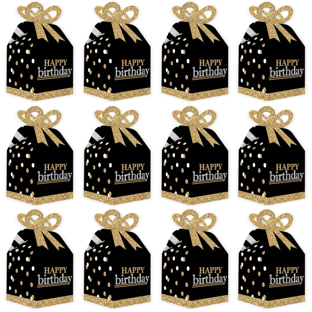 Adult Happy Birthday - Gold - Square Favor Gift Boxes - Birthday Party Bow Boxes - Set of 12