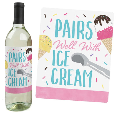 Scoop Up The Fun - Ice Cream - Sprinkles Party Decorations for Women and Men - Wine Bottle Label Stickers - Set of 4