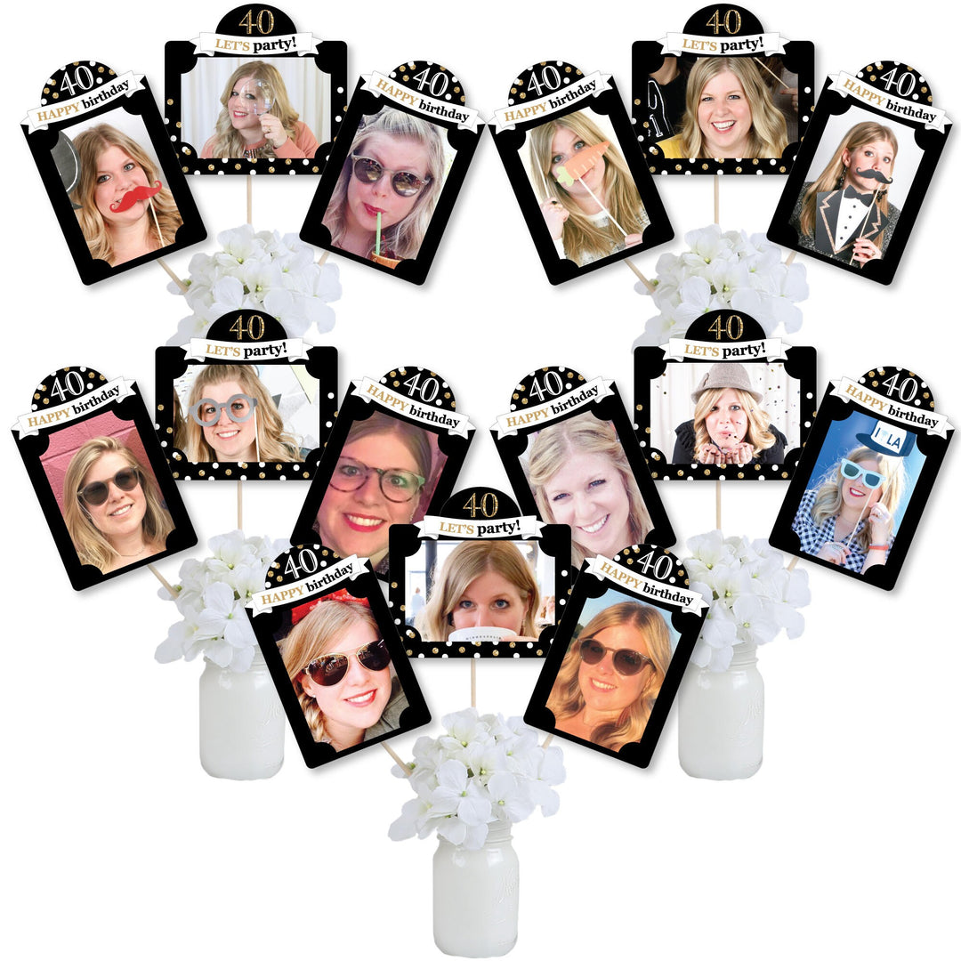 Adult 40th Birthday - Gold - Birthday Party Picture Centerpiece Sticks - Photo Table Toppers - 15 Pieces