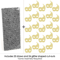 Gold Glitter Masks Party Straws - No-Mess Real Gold Glitter Cut-Outs & Decorative Masquerade Mardi Gras Party Paper Straws - Set of 24