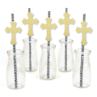 Gold Glitter Cross Party Straws - No-Mess Real Gold Glitter Cut-Outs and Decorative Baptism or Baby Shower Paper Straws - Set of 24