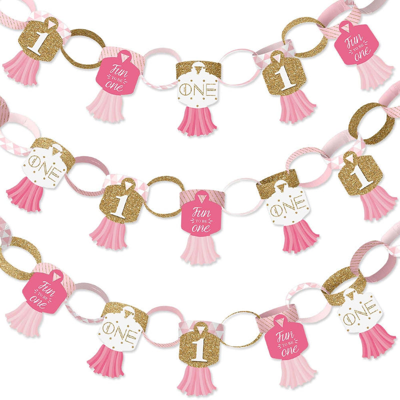 1st Birthday Girl - Fun to be One - 90 Chain Links and 30 Paper Tassels Decoration Kit - First Birthday Party Paper Chains Garland - 21 feet