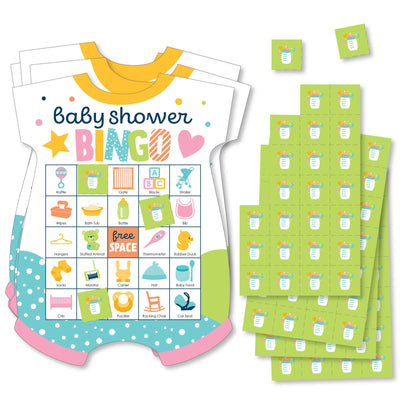 Colorful Baby Shower - Picture Bingo Cards and Markers - Baby Shower Shaped Bingo Game - Set of 18