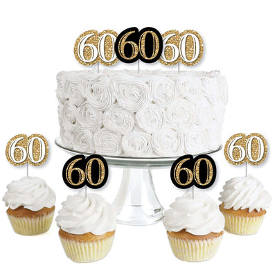 Adult 60th Birthday - Gold - Dessert Cupcake Toppers - Birthday Party Clear Treat Picks - Set of 24
