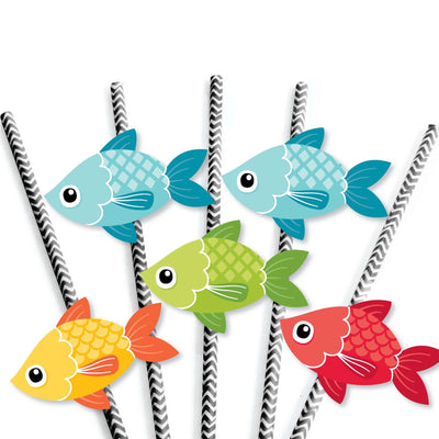 Let's Go Fishing - Paper Straw Decor - Fish Themed Party or Birthday Party Striped Decorative Straws - Set of 24