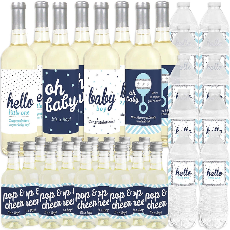 Hello Little One - Blue and Silver - Mini Wine Bottle Labels, Wine Bottle Labels and Water Bottle Labels - Boy Baby Shower Decorations - Beverage Bar Kit - 34 Pieces