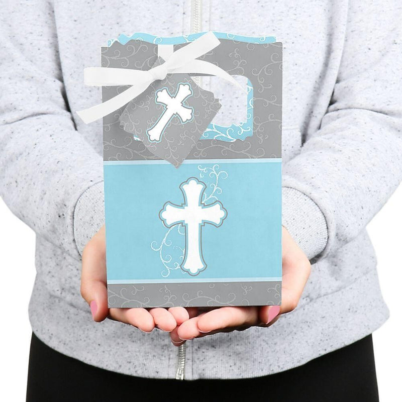 Little Miracle Boy Blue & Gray Cross - Baptism or Baby Shower Favor Boxes - Set of 12