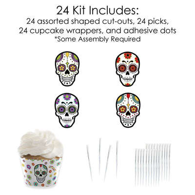 Day Of The Dead - Cupcake Decorations - Halloween Sugar Skull Party Cupcake Wrappers and Treat Picks Kit - Set of 24