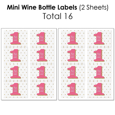 1st Birthday Girl - Fun to be One - Mini Wine Bottle Labels, Wine Bottle Labels and Water Bottle Labels - First Birthday Party Decorations - Beverage Bar Kit - 34 Pieces