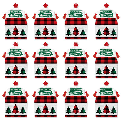 Holiday Plaid Trees - Treat Box Party Favors - Buffalo Plaid Christmas Party Goodie Gable Boxes - Set of 12