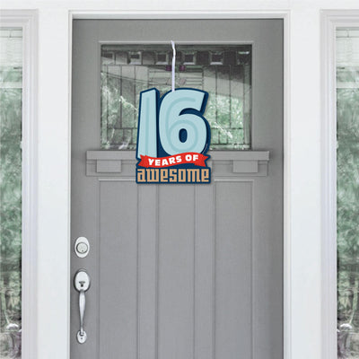 Boy 16th Birthday - Hanging Porch Sweet Sixteen Birthday Party Outdoor Decorations - Front Door Decor - 1 Piece Sign