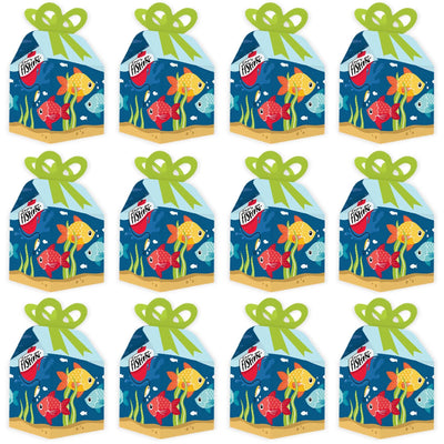Let's Go Fishing - Square Favor Gift Boxes - Fish Themed Birthday Party or Baby Shower Bow Boxes - Set of 12