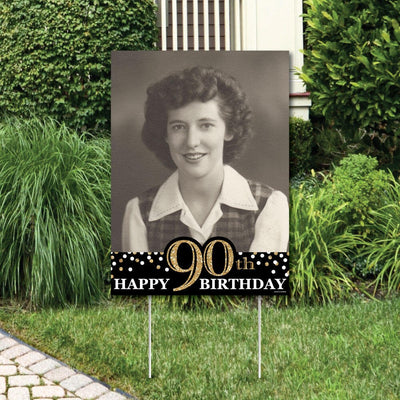 Adult 90th Birthday - Gold - Photo Yard Sign - Birthday Party Decorations