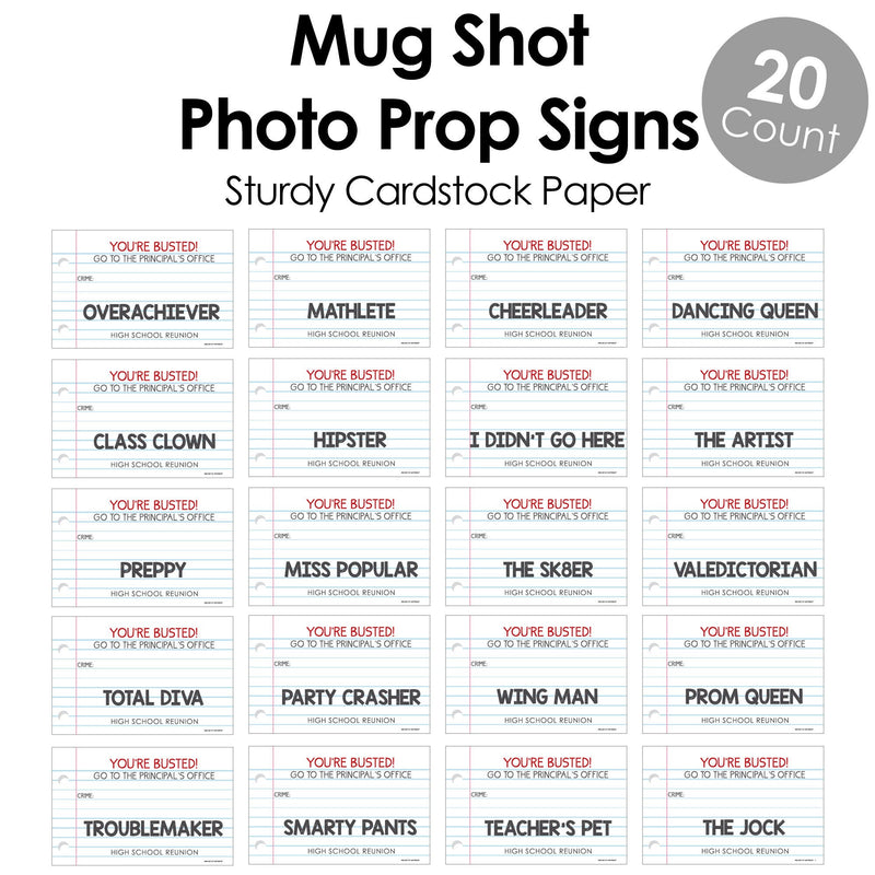 Class Reunion Detention Mug Shots - 20 Piece Class Reunion Party Photo Booth Props Kit