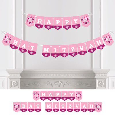Pink Bat Mitzvah - Girl Party Bunting Banner - Party Decorations - Happy Bat Mitzvah