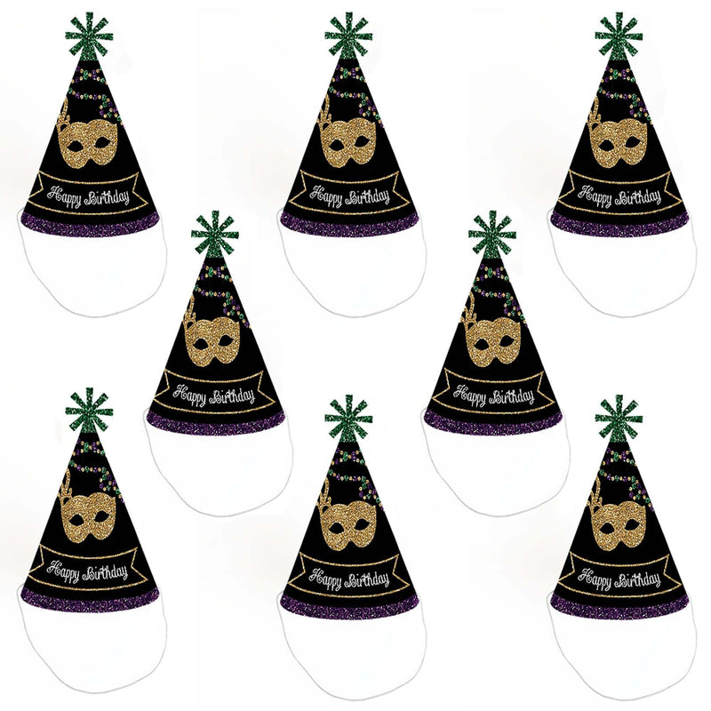 Mardi Gras - Cone Happy Birthday Party Hats for Kids and Adults - Set of 8 (Standard Size)