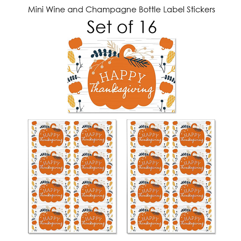 Happy Thanksgiving - Mini Wine and Champagne Bottle Label Stickers - Fall Harvest Party Favor Gift - For Women and Men - Set of 16