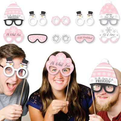 Pink Winter Wonderland Glasses and Headpieces - Paper Card Stock Holiday Snowflake Birthday Party and Baby Shower Photo Booth Props Kit - 10 Count