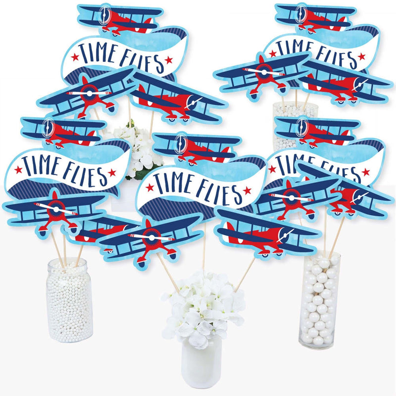 Taking Flight - Airplane - Vintage Plane Baby Shower or Birthday Party Centerpiece Sticks - Table Toppers - Set of 15