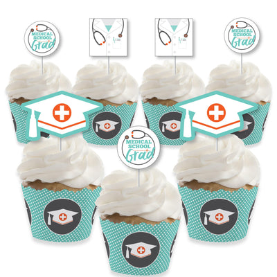 Medical School Grad - Cupcake Decoration - Doctor Graduation Party Cupcake Wrappers and Treat Picks Kit - Set of 24