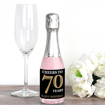 Adult 70th Birthday - Gold - Mini Wine and Champagne Bottle Label Stickers - Birthday Party Favor Gift - For Women and Men - Set of 16
