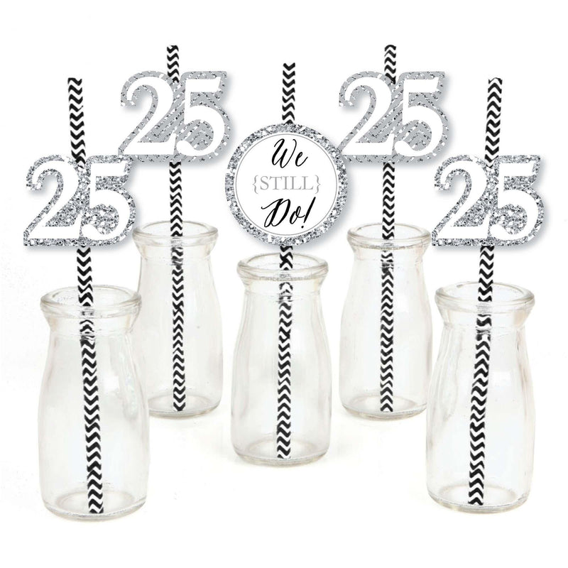 We Still Do - 25th Wedding Anniversary Paper Straw Decor - Anniversary Party Striped Decorative Straws - Set of 24