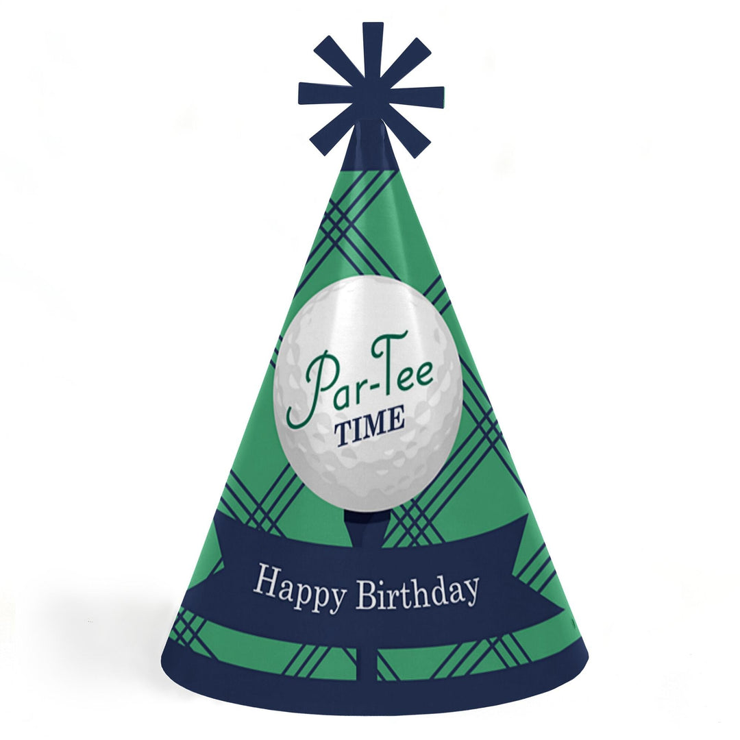 Par-Tee Time - Golf - Cone Happy Birthday Party Hats for Kids and Adults - Set of 8 (Standard Size)