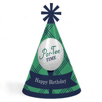 Par-Tee Time - Golf - Cone Happy Birthday Party Hats for Kids and Adults - Set of 8 (Standard Size)